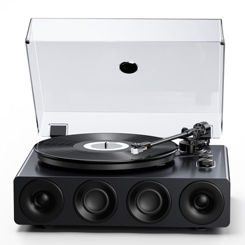 1 by ONE Plattenspieler mit integrierten Lautsprechern, Phono Vorverstärker, Riemenantrieb, 33/45 RPM, MM-Tonabnehmer, Bluetooth Eingang
