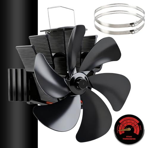 Lvjkes Kaminventilator Magnetisch, 6 Flügel Ofenventilator ohne Strom mit Präzision ±3° Thermometer Magnetisch, 2 Ersatzteil Ring für Kamin, Feuerstelle, Holzbrenner, Ofenrohr, Leiser kamin ventilator