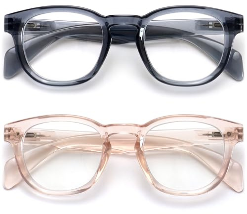 OPULIZE AWE BlaulichtLektüre für Damen und Herren – 2er-Pack – Retro-Rundform – Blendfreie Computer- und Gaming-Brille – UV- und Augenbelastungsschutz – Blau-Rosa-Transparent +0,00