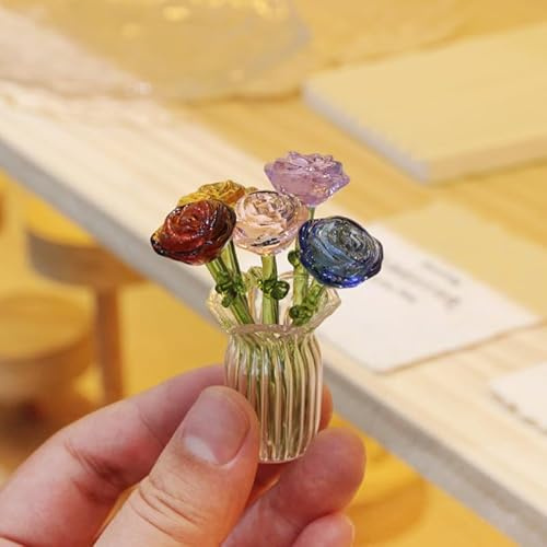 tiecawk 6Pcs Mini Glass Rose Flowers Bouquet with Vase Tiny Colorful Rose Flower Ornaments Package in Clear Box for Mini Vase Decor, DIY Crafts, Mother’s Day, Birthday
