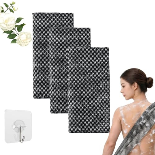 Serviette De Douche Exfoliante,Fibres De Bambou Et Charbon Actif,Exfoliation Douce, Séchage Rapide, Usage Quotidien (3*A)