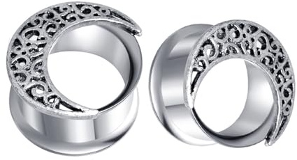 BWDHJLEY 2 dilatadores de oreja de acero inoxidable, tapones de calibre plateados, filigrana vintage, forma de luna, hombres y mujeres, túneles para piercing corporal