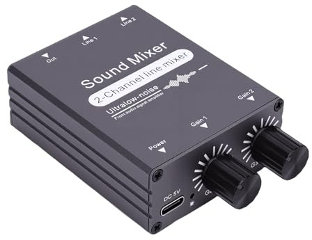 Tonysa Mezclador de Sonido de 2 Canales, Control de Volumen Dual Conmutador de Mezcla de Sonido de 3,5 Mm con Fuente de Alimentación Independiente, para Computadoras, Auriculares,