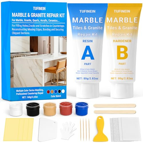 TUFINEIN Kit Reparación de Encimeras de Mármol, 160g Kit Reparación Azulejos Para Granito Cuarzo Acrílico Cerámica Piedra, Rellenar Agujeros Restos Grietas y Abolladuras (Coincidencia de Color)