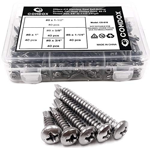 Comdox 410 Stainless Steel Self Drilling Screws Kit Set, Pan Head Phillips Sheet Metal Tek Screws Assortment Kit, Modified Truss Head, #8-18 Thread Size, 5/8 to 1-1/2 Length (Pack of 200)