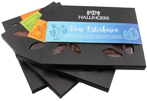 Hallingers Genuss Manufaktur Schokoladen-Mix Oster-Geschenk-Set - Selektion Tafeln aus handgeschöpftem Edelkakao ohne Alkohol im edlen Karton 4 Oster Tafeln, Ostern Körbchen für Frauen Männer