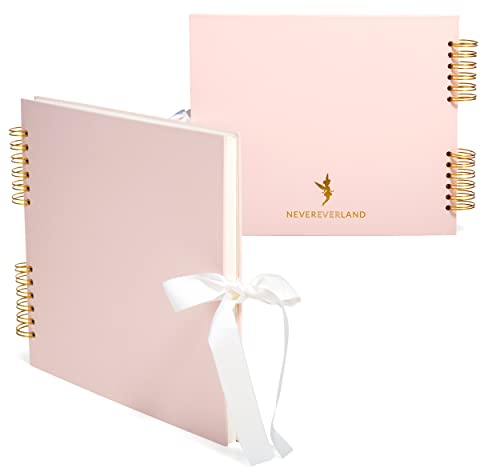 Never Ever Land Scrapbook-Album - 30 x 25 cm Fotoalbum mit 80 glatten 250-g/m²-Seiten - Stabiles Hardcover mit niedlicher Schleife - Perfekt für Baby-, Hochzeits- & Familienfotos – Rosa