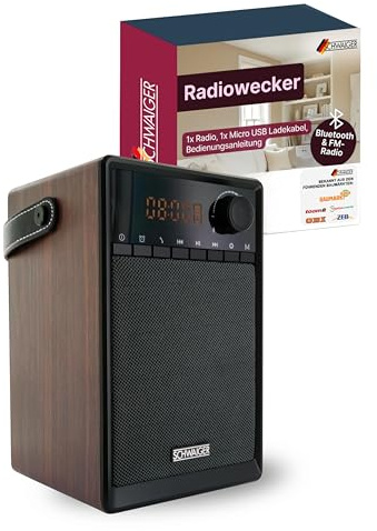 SCHWAIGER 715736 Radio Despertador Analógico Portátil FM Altavoz Bluetooth Music Box Radio AUX Micro-SD Aspecto Madera Pantalla LED Funciona con Pilas