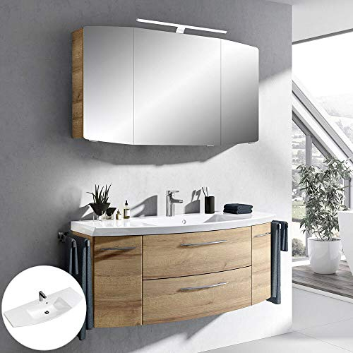 Lomadox Badezimmermöbel Set 2-teilig, Eiche Riviera, 121cm Waschtisch Unterschrank mit 2 Softclose-Auszügen und 2 Türen, 120cm LED-Spiegelschrank 3-türig, B/H/T: 121/200/50,5 cm