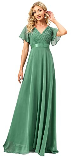 Ever-Pretty A-línea Vestido de Fiesta Cuello en V Manga Corta Gasa Corte Imperio para Mujer Verde Salvia 44