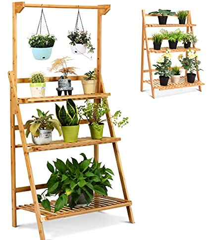 RELAX4LIFE Escalera para Plantas Plegable de Bambú, Soporte para Flores de 3 Niveles con Barra Colgante de Altura Ajustable 24-48cm para Jardín, Balcón y Terraza, 70x40x5cm, Natural