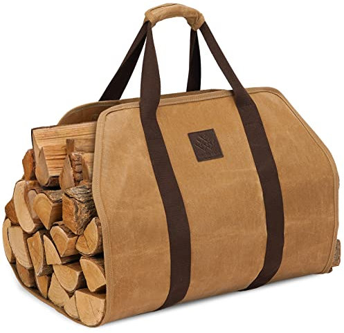 WILLOW WEAVE Firewood Carrier Bag, Wood Holder Tote, Fireplace Log Holder, Khaki Color