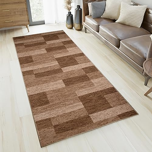 TAPISO Anti Rutsch Teppich Läufer rutschfest Brücke Meterware Modern Dunkelbraun Vierecke Geometrisch Design Flur Küche Wohnzimmer Diele 100 x 300 cm