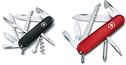 Victorinox, Taschenmesser, Huntsman, 91 mm, schwarz (15 Funktionen, Klinge, Korkenzieher, Dosenöffner, Klinge) & Taschenmesser, Hiker, 91 mm, rot (13 Funktionen, Schraubendreher 3 mm, Klinge)