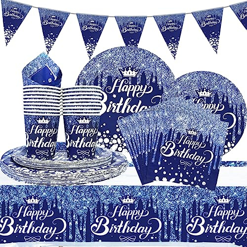 DUGEHO Stoviglie Compleanno per Feste Blu Inchiostro Stoviglie Carta Set Include Piatti di Carta Tovaglioli Tazze Tovaglia, per Compleanni Matrimonio Nascita Battesimo Party ect (20 Ospiti)