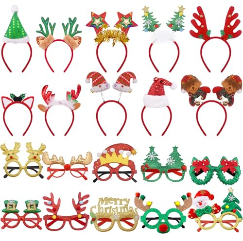 SIQUK 20 Stück Weihnachten Haarreifen Weihnachtsbrille Set, Weihnachten Stirnbänd Haarband Weihnachten Brille Rahmen Weihnachts Kopfschmuck Weihnachtsbaum für Weihnachs Party Kostüm