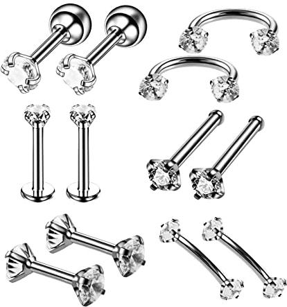 Epinki Schmuck 12stk Nose Ring, Silber Septum Ringe 0.8MM/ 1.2MM Stabstärke aus Edelstahl, Ohr Piercing Köperschmuck mit Zirkonia für Männer Frauen,