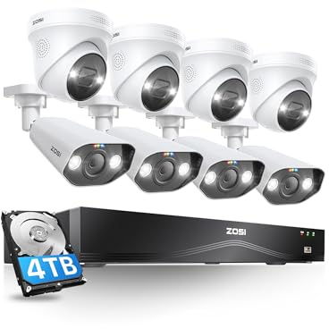 ZOSI 32CH 4K PoE Security Camera System,8pcs 8MP Indoor Outdoor IP Cameras,Person Vehicle Detection,2 Way Audio,Color Night Vision,Siren Alarm,16 Port 32 Channel NVR with 4TB HDD for 24/7 Recording