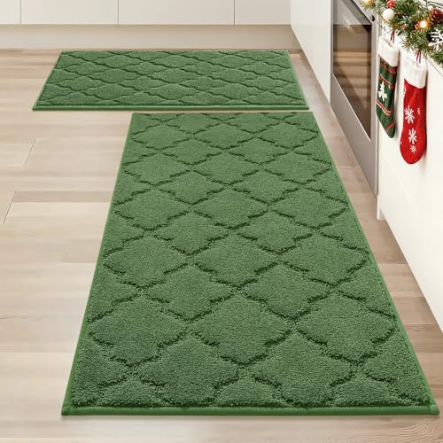 COSY HOMMER Nonslip Kitchen Rug Set 2 Pack, 51x76cm+51x122cm, 100% Polyester Absorbent Soft Kitchen Floor Mats Carpet Rug Mat Runners,Machine Washable & Anti-skid TPR Backing, Green