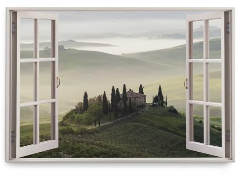 Paul Sinus Wandbild 120x80cm Fensterbild Toskana Italien Landhaus Landschaft Nebel