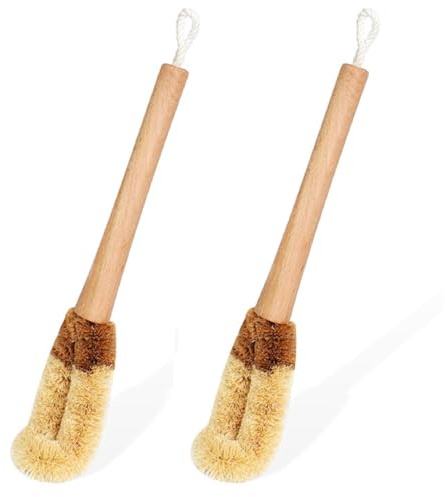 Bafnsiji Set de Cepillo de Plato ecológico, Set de Cepillo de Limpieza Flexible de Coco ecológico, Cepillo de Limpieza de Cocina, Cepillo de Limpieza de Fibra de Coco de Mango Largo