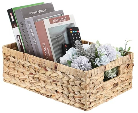 OGANAZI Natural Water Hyacinth Storage Baskets with Handles, 38 * 26 * 13cm | Woven Wicker Storage Baskets with Lids, Shelf Baskets Large Wicker Basket for Bedroom Bathroom Living Room Cabinet