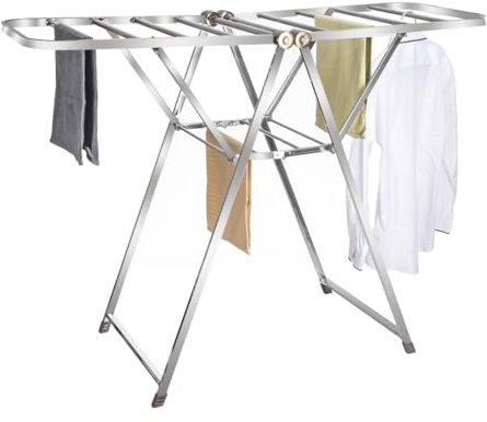 HOUSZY Folding Clothes Drying Rack – 2-Level Winged Steel Laundry Airer with Adjustable Hanger Arms, Freestanding Indoor & Outdoor Cloth Drying Stand, Foldable Clothes Dryer Rack