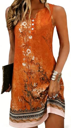 ROFUSSO Robe d'été bohème pour femmes - Robe de plage florale à bretelles spaghetti, col en V, taille unique, sans manches, orange, XL