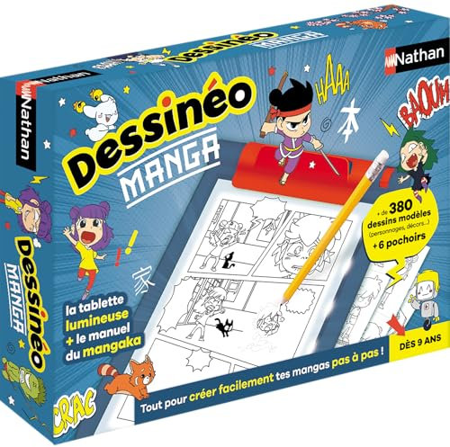 Nathan - Dessinéo Manga , Tablette Dessin Enfant dès 9 ans , Tablette Lumineuse pour Créer Ses Manga , Mangaka , Loisir Créatif Enfant , Apprendre à Dessiner , Méthode Pas à Pas , 380 modèles