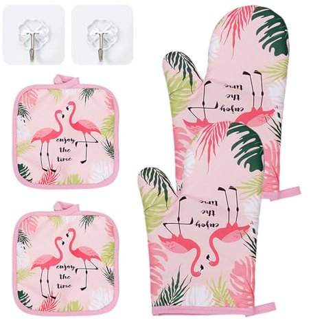 2 Guanti, 2 Presine, 2 Ganci, Decorazione Fenicottero, Guanti Da Cucina, Guanti Presina