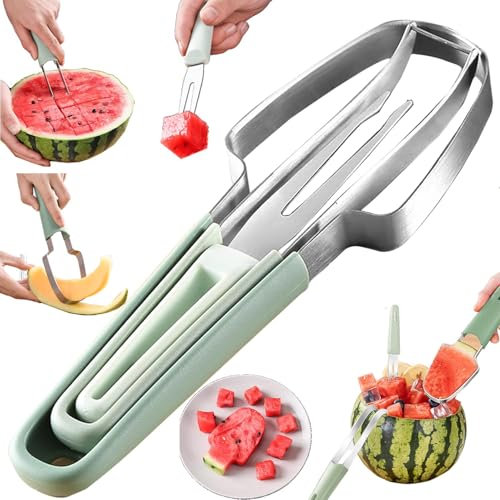 3-in-1 Obstschneider aus Edelstahl Wassermelonen Schneider Kitchen Gadgets Obstgabeln Schneidemesser Sommer Wassermelonen Fruchtschneidegabel Doppelkopf Obstgabeln Schneidemesser mit rundem Griff Grün