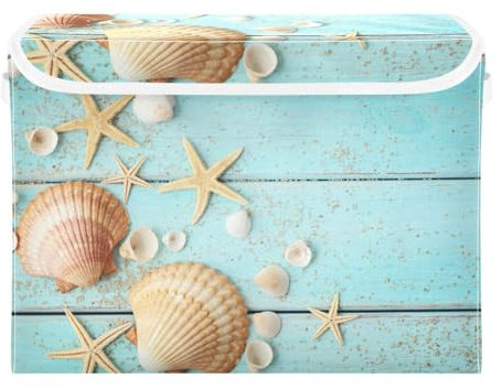 Yopersonalizes Aufbewahrungsboxen mit Deckel, Strand-Holz-Seestern, faltbar, Stoff-Aufbewahrungswürfel mit Griffen, Aufbewahrungskörbe für Regale, Kleidung, Spielzeug, Kleiderschrank, 42 x 32 x 30 cm