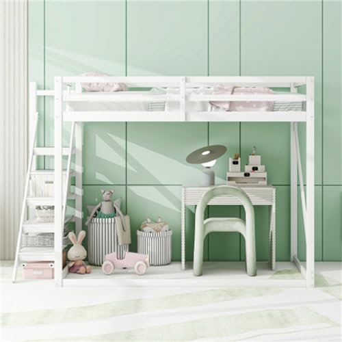 Hochbett Mit Sicherheitsleiter, Etagenbett Aus Massivholz Mit Lattenrost Und Sicherheitsgeländer, 140 X 200 cm, Geeignet Für Kinder Und Jugendliche Und Erwachsene(Color:weiß)