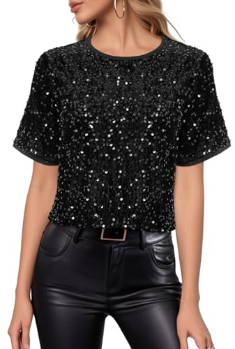 Segreto Damen Glitzer Pailletten Tops Short Sleeved Rundhals Locker Oberteil Glänzende Party Bluse T-Shirts Festliches Outfit