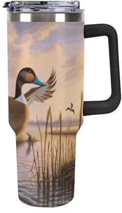 NWTRJ Hunting Flying Wild Ducks Gobelet isotherme de 1200 ml en acier inoxydable étanche avec poignée et couvercle à paille, bouteille d'eau, compatible avec porte-gobelet de voiture, cadeau pour