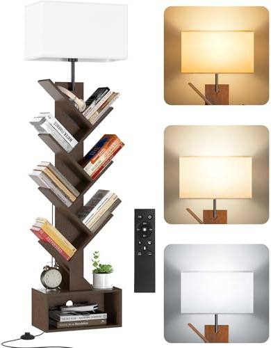 OUTONLIFE 6 Tier Tree Bookshelf with Light & Remote, Small Bookcase with Storage Cabinet, Modern Corner Bookshelves Organizer, Tall Floor Standing Book Shelf for Bedroom, Living Room, Office (Walnut)