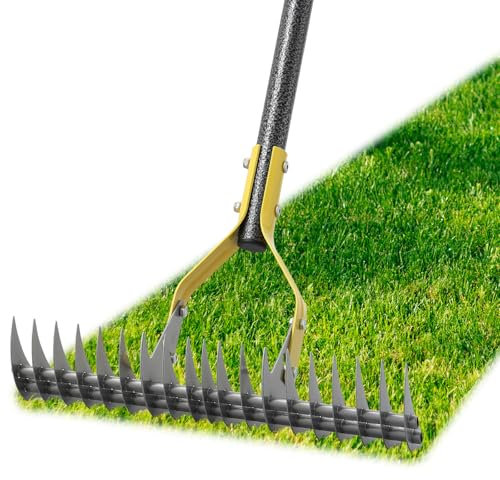 Thatch Rake, 19-Tine Lawn Leveling Dethatcher Rake with Long Adjustable Steel Metal Handle, 70 Gardening Tools for Loosen The Soil,Laying Sod, Removing Thatch and Cleaning Leaves