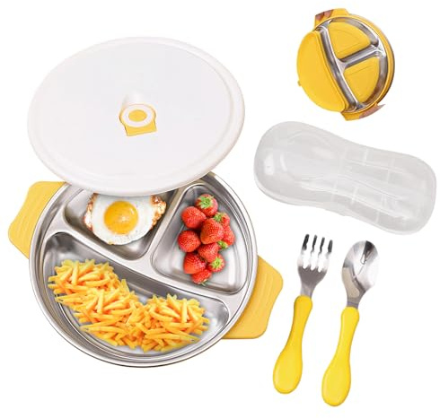HAINLOGWANG Assiette en acier inoxydable pour bébé, assiette pour enfant avec ventouse, plateau de dîner avec cuillère et fourchette, plateau antidérapant avec trois compartiments et couvercle pour