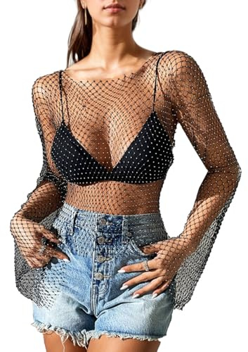 EMOTTOS Top da Donna a Rete con Maniche Svasate, Top a Rete Trasparente in Tessuto Lucido e Morbido con Strass Scintillanti, Camicetta a Manica Lunga Glitterata per Feste estive da Donna, Nero, M