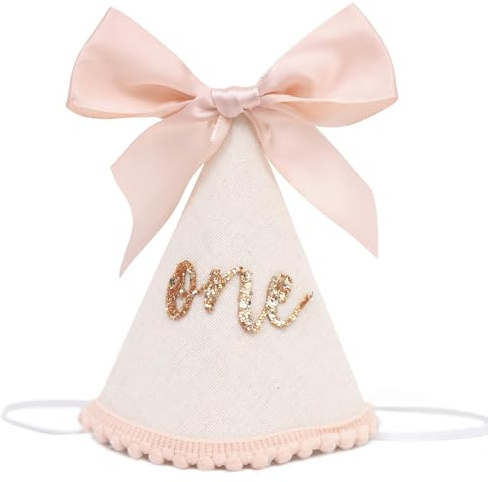 Hut zum 1. Geburtstag, glitzernde Nummer zum ersten Geburtstag mit rosa Schleife für Babys, Mädchen, Boho-Kegelmütze für 1 Jahr altes Fotoshooting und Feier