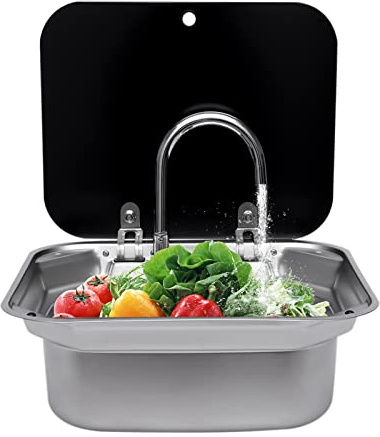 Spülbecken für Camping, Auto, Küchenspüle, RV, faltbar, quadratisch, Handwaschbecken aus Edelstahl mit Wasserhahn + Deckel, für Wohnwagen, Wohnmobil