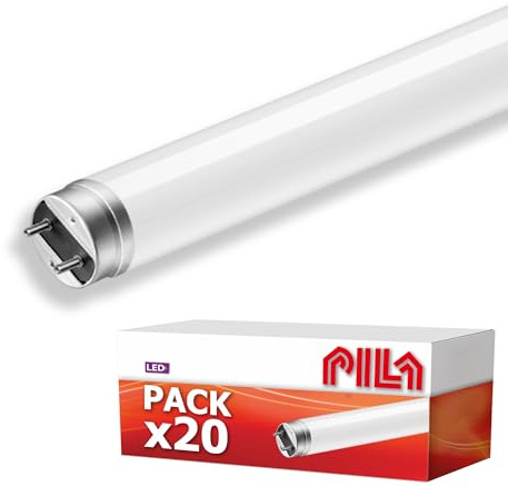 PILA Paquet de 20 tubes LED T8, 1,2 m, 16 W (= 36 W fluorescent), 1 600 lumens, non dimmable, 230 V ou ballast EM, IRC80, lumière blanche neutre (4 000 K), culot G13, durée de vie 20 000 h