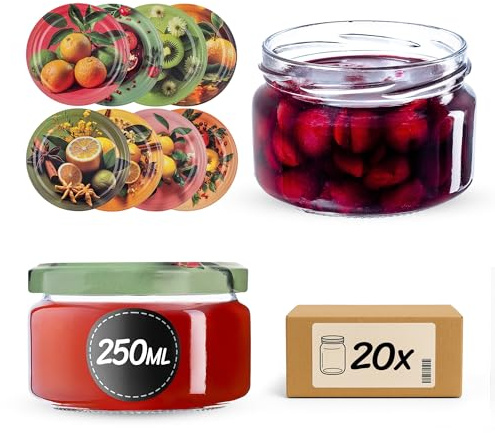 KADAX Set di 20 barattoli in vetro 250ml Ø66 – tappo a vite ermetico, lavabili in lavastoviglie, per marmellate, miele, conserve e spezie