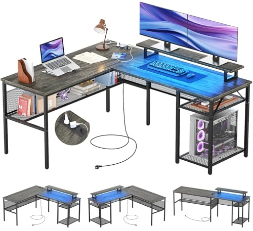 iSunirm L-förmiger Gaming-Schreibtisch,141x117x76 cm,Computertisch mit Ablagefach,Büroschreibtisch mit umkehrbarem Ecktisch für Studium,Spielen,Homeoffice,Graue Eiche