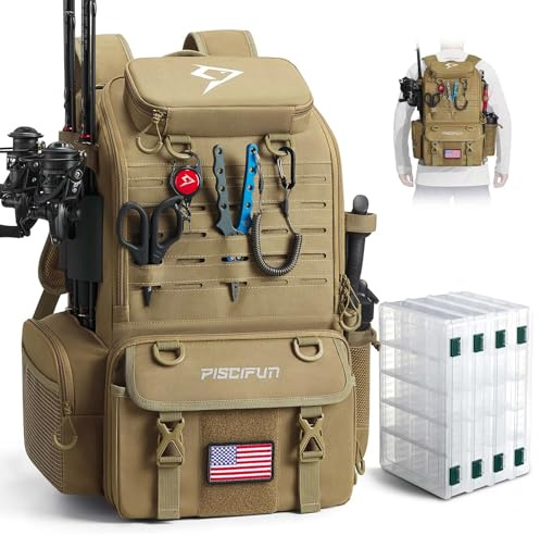 Piscifun 52L Fishing Tackle Backpack with Rod Holders & 4 Tackle Boxes, Water-Resistant Large Tackle Bag for Fishing Gear Storage with Rain Cover, Khaki