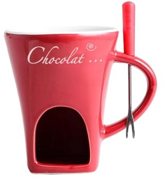 Ceramic Chocolate Fondue Mug with Forks Personal Cheese Melting Cup Butter Warmer Heated by Tealight for Candy Snack Caramel Chocolate Party- red