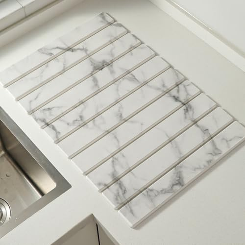 PEIHUODAN Alfombra Escurreplatos 30x40 cm Diseño de Mármol, Tapete de Piedra Natural, Ultraabsorbente Escurreplatos Enrollable Seca Rápido - Self Drying Mat Ideal para Cocina, Bar, Baño, L11 Mármol