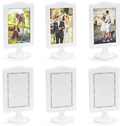 6 Stück Bilderrahmen Doppelseitig 10 x 15 cm - Bilderrahmen Stehend, Jeder Rahmen Hält 2 Bilder, Stationen Aufsteller Grundschule Weiß mit Einsätzen und Sockel Photo Frame für Foto, Hochzeit, Party