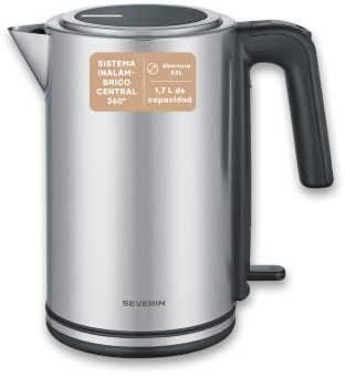 Severin Wasserkocher, Edelstahl, 1,7L, mit herausnehmbarem Kalkfilter, Leuchtanzeige, 360°-Basis, automatische Abschaltung, Wasserstandsanzeige, XXL-Öffnung, einfache Reinigung, 2400W, WK 3449