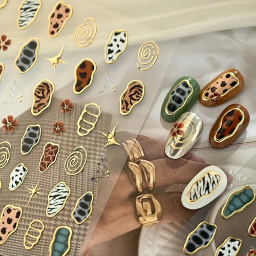 French Leopard Print Nail Art Stickers Chromatic Gold Nail Decal 5D Embossed Irregular Geometric for Sticker Nail Art Jelly Butterfly Wings Nail Supply for Women Girl DIY Manicure Decoration 1Pc